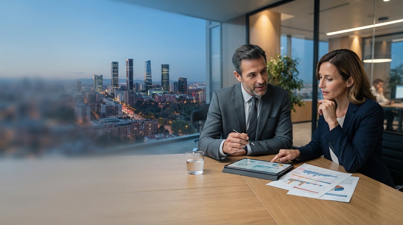 Santander Invest: espacio de trabajo ejecutivo con panel de datos de inversión en un portátil